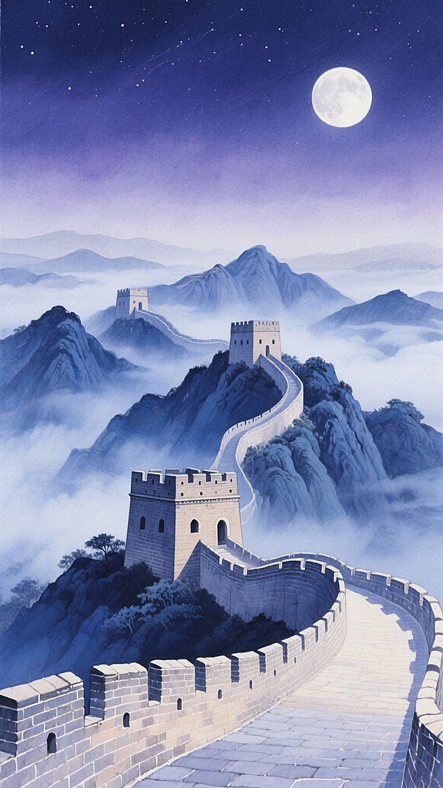 中国长城蜿蜒盘旋于险峻山峦之上，烽火台与城墙细节清晰，采用水彩画艺术风格，以深蓝与靛青为主色调，搭配淡紫与浅灰的渐变天空，背景为静谧的星空夜景，云雾如轻纱般缭绕山间，月光洒在城墙表面形成柔和反光，整体氛围宁静而神秘，展现出与原图像截然不同的冷色调夜空意境。