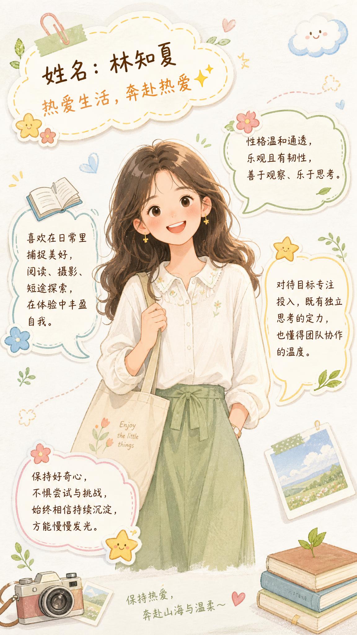 手账风格简约大方画报，整体清新治愈，画面中央有一个卡通女孩形象… - 图片创意预览