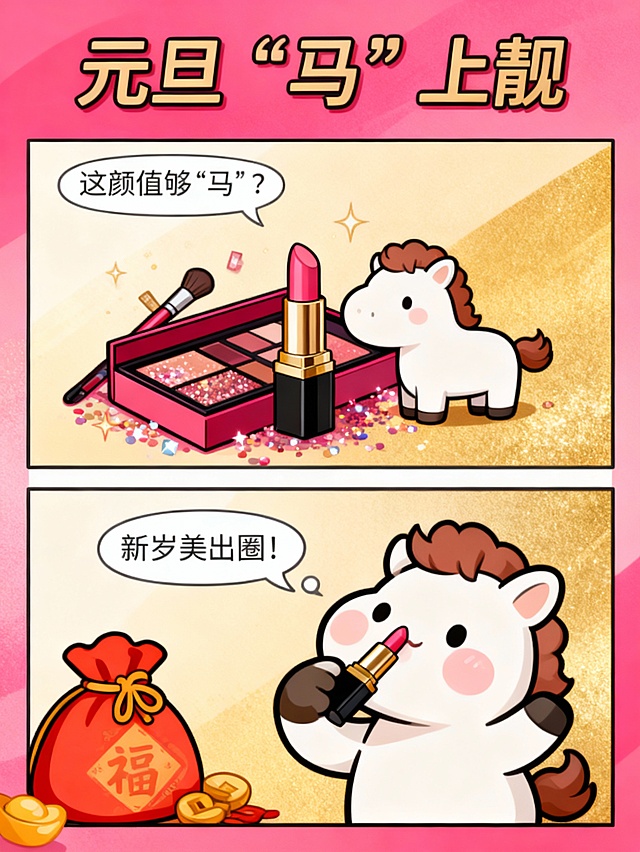 卡通风格插画，拟人小马化美妆，喜庆鎏金背景，粒子点缀，漫画分镜展现元旦“马”上靓主题，可爱又应景。