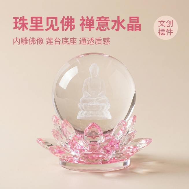 [主图 1]
[主图主题] 莲台珠里见佛水晶球禅意摆件首图
[氛围/风格] 禅意高级质感，柔和自然光，干净通透的国风意境
[画面元素] 产品居中放置，莲台珠里见佛水晶球完整展示，通透水晶球体搭配粉色莲预览效果