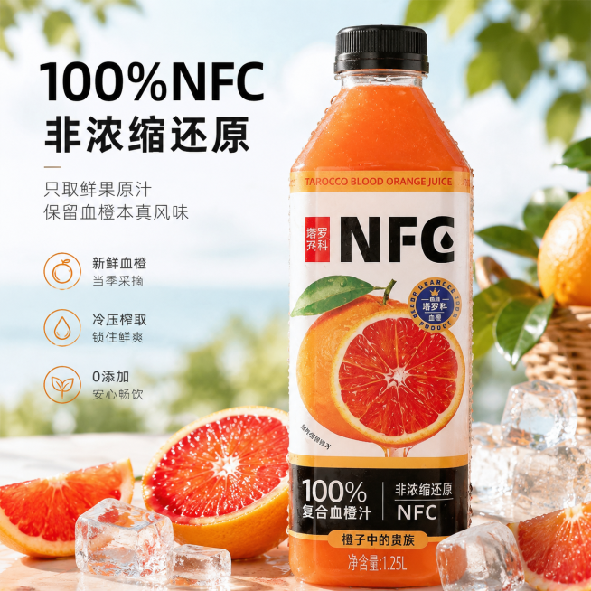 「图片1」，生成一套主图（5张），商品名称是塔罗科血橙汁，卖点是100%NFC非浓缩还原，配料干净，0添加0色素，1.25L*两瓶五斤装，风格是清爽风格，搭配点冰爽元素，适合夏天，但是不要色彩不要太夸预览效果