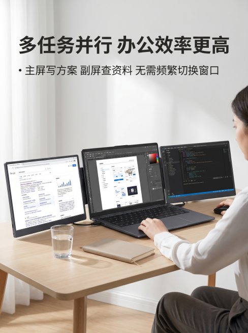 [详情页9 办公场景展示] aigo14寸双屏便携显示器商务办公场景
[氛围风格] 轻商务风，真实自然
[画质] 写实场景摄影，清晰高级
[元素] 保持产品外观结构和实拍一致，笔记本放置中间，双屏展开预览效果