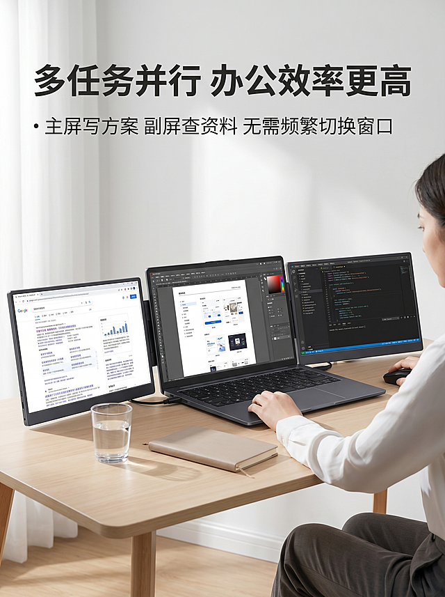 [详情页9 办公场景展示] aigo14寸双屏便携显示器商务办公场景
[氛围风格] 轻商务风，真实自然
[画质] 写实场景摄影，清晰高级
[元素] 保持产品外观结构和实拍一致，笔记本放置中间，双屏展开后方，三屏办公场景，设计师使用电脑办公，桌面上放置水杯和笔记本，简约办公空间，产品占比60%，满屏无边框，背景适当虚化突出产品
[光影] 柔和室内自然光，整体明亮通透
[配色] 低饱和度配色，深空灰产品，浅木桌面，浅灰墙面，和谐自然
[视角构图] 平视稍偏高角度，展示完整办公场景
[文字版式] 顶部标题“多任务并行 办公效率更高”深灰粗体；下方分点说明“主屏写方案 副屏查资料 无需频繁切换窗口”，文字清晰不遮挡主体
[比例分辨率] 3:4比例，2k分辨率，文字清晰，超高清
[负向提示词] 结构错误，变形，水印，文字错乱，背景杂乱