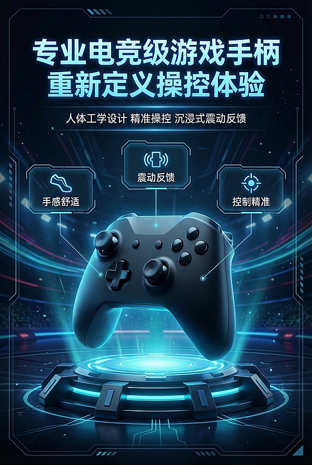 游戏手柄淘宝详情页首屏，科技风，展示黑色无线游戏手柄，核心卖点手感舒适、震动反馈、控制精准，背景为暗调RGB电竞场景，顶部主标题“专业电竞级游戏手柄 重新定义操控体验”，副标题“人体工学设计 精准操控 沉浸式震动反馈”，整体3:4比例，冷黑蓝科技配色，排版高级，产品主体突出，文字层次分明，2k分辨率