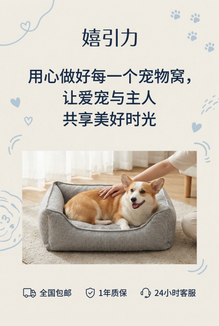 杂志风精致排版，高级信任风格。顶部展示品牌名“嬉引力”，中间用无衬线字体呈现品牌承诺：「用心做好每一个宠物窝，让爱宠与主人共享美好时光」，底部标注“全国包邮”“1年质保”“24小时客服”。背景为浅米色预览效果