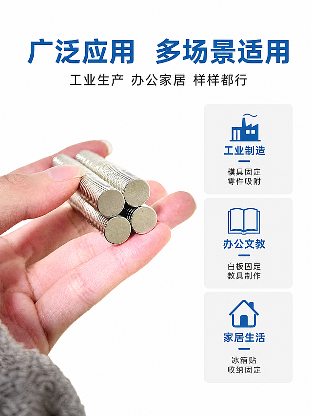 [商品] 使用【图3】手持强磁圆片磁铁展示；保留人手握持姿势、磁铁圆形薄片形态、银色镀镍表面和金属质感；不过度美化，保持产品真实大小感和手持比例。
[画面] 页面目标：应用场景展示，工业/办公/家居多场景适配；构图：左侧手持产品图，右侧三栏场景图标+文字说明；产品位于画面左侧，占画面约45%；景别：中景；阅读动线：顶部标题→左侧手持产品→右侧三列场景；背景：纯白底，场景区用浅灰块区分。
[视觉] 套系策略：风格=白底工业风简洁商业摄影；标题字=粗黑体；正文字=常规黑体；主色=纯白底；背景延展=纯白到浅灰渐变，干净简洁；强调色=工业蓝(#1E6FB8)，仅用于小面积图标、引线和标签；标题色=工业蓝(#1E6FB8)；正文色=深灰(#333333)；组件=蓝色场景图标、浅灰场景卡；光影=左前侧均匀柔光。
[文字] 顶部主标题「广泛应用 多场景适用」（蓝色粗体），副标题「工业生产 办公家居 样样都行」；右侧三栏横排：①工业制造 模具固定 零件吸附 ②办公文教 白板固定 教具制作 ③家居生活 冰箱贴 收纳固定；每栏配蓝色简约图标。
[规格] 图片比例3:4竖版，分辨率4K，quality=medium；避免变形、错字、文字过小、场景过于复杂抢主体、非白底、非蓝色标题。