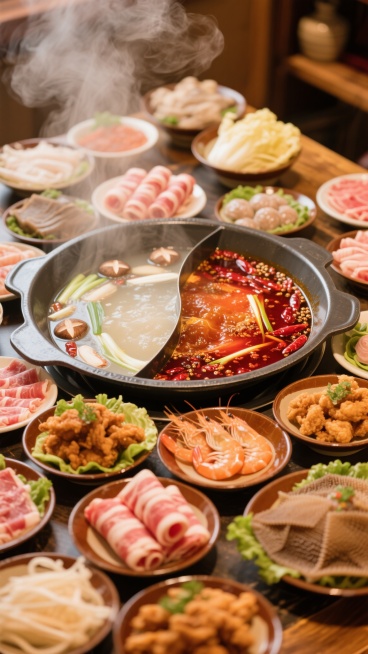 温暖的室内灯光下，热气腾腾的鸳鸯火锅置于餐桌中央，红汤翻滚着辣椒与花椒，清汤漂浮着菌菇与葱段，周围摆满了新鲜的肥牛卷、虾滑、蔬菜拼盘、毛肚、炸酥肉等各式火锅食材，蒸汽氤氲缭绕，营造出热闹诱人的火锅盛宴氛围，整体色调温暖浓郁，细节清晰，充满食欲感，具有高度写实的摄影风格和丰富的层次感。预览效果