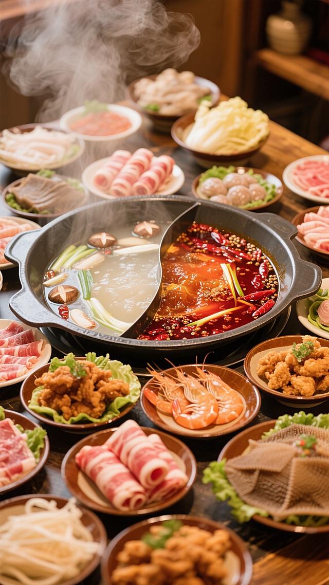温暖的室内灯光下，热气腾腾的鸳鸯火锅置于餐桌中央，红汤翻滚着辣椒与花椒，清汤漂浮着菌菇与葱段，周围摆满了新鲜的肥牛卷、虾滑、蔬菜拼盘、毛肚、炸酥肉等各式火锅食材，蒸汽氤氲缭绕，营造出热闹诱人的火锅盛宴氛围，整体色调温暖浓郁，细节清晰，充满食欲感，具有高度写实的摄影风格和丰富的层次感。
