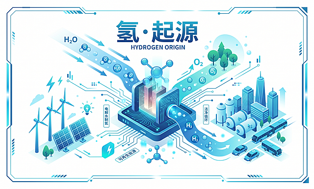 帮我设计3张矢量海报图，《氢・起源》 — 氢能生产与绿色循环，展示制氢、储氢、运氢的完整产业链，水分子分解为氢氧的科技化视觉内容。以白色为背景色，蓝色科技风。尺寸为50*30，内容丰富但是画面简洁，不用布满画面。生成三张海报图片