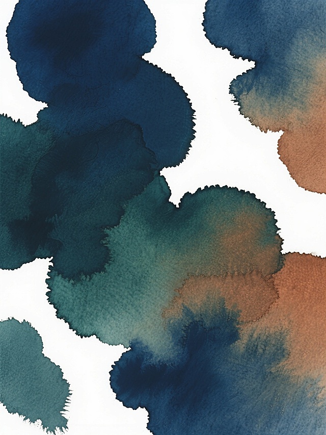 水彩风格抽象背景，以深蓝、墨绿、赭石为主要配色，色彩层次丰富且自然晕染，保留水彩特有的透明质感与柔和边缘，笔触灵动且富有肌理感，色块大小不一、错落分布，整体色调沉稳雅致，替代原白色背景，营造深邃宁静的视觉氛围。