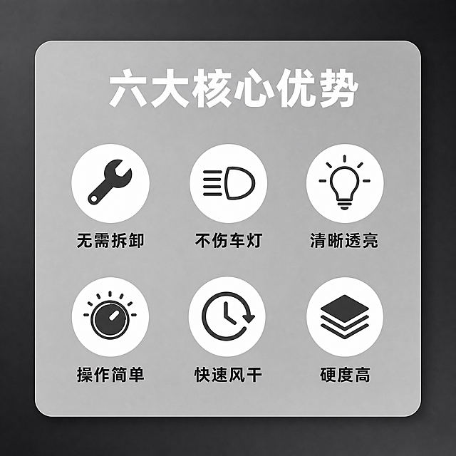 [主图-4] 六大核心优势卖点信息卡图，简约UI风格，清晰展示产品核心优势。
[统一基调] 整体风格为简约UI信息卡片电商卖点图，灰黑渐变背景，灰色圆角大卡片，白色圆形图标配黑色说明文字，标题白色粗字，字体为无衬线粗体，排版整齐有序，文字边缘干净锐利。
[画面] 画面中间一个大尺寸圆角灰色卡片，卡片占据画面约70%面积，圆角弧度适中，卡片背景为浅灰色，与深灰背景形成层次。卡片内2行3列排列6组圆形白色图标加文字的组合，每组图标在上文字在下，间距均匀，排版整齐。背景为深灰到黑色渐变，简约干净，突出中间卡片内容。
[光影质感] 简约UI设计风格，卡片有轻微投影增加层次感，图标为扁平化白色矢量风格，整体干净利落，高清精致，商业感强。
[配色] 背景灰黑渐变，卡片浅灰色，图标白色圆形底，图标内图形深灰色，文字深灰色/黑色，标题白色，整体简约高级灰配色，UI感强。
[文字版式] 1. 卡片顶部白色粗字大标题「六大核心优势」，居中排列在卡片上方；2. 第一行3组，从左到右：扳手图标配文字「无需拆卸」、车灯图标配文字「不伤车灯」、灯泡图标配文字「清晰透亮」；3. 第二行3组，从左到右：调节旋钮图标配文字「操作简单」、时钟循环图标配文字「快速风干」、堆叠板材图标配文字「硬度高」；4. 每个图标为白色圆形，内部是对应功能的简约线条图标，图标下方是黑色/深灰色说明文字，字号适中清晰。
[输出要求] 1:1正方形比例，文字清晰锐利无错字，图标整齐美观，简约UI风格，高清质感，无水印无平台logo，禁止模糊、杂乱、变形。