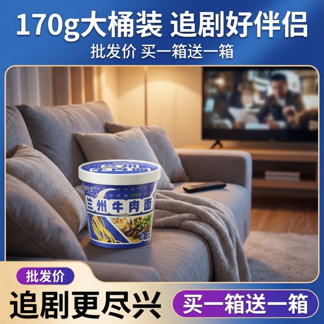 生成10张不同场景的桶装泡面电商主图，比例1:1，170g大桶装 大份量 批发价 买一箱送一箱预览效果