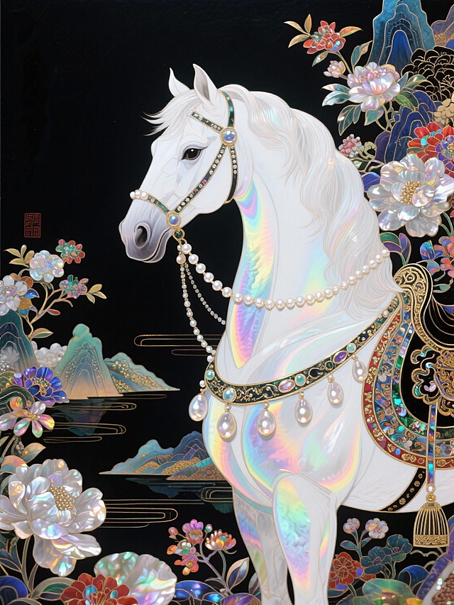 工笔风白骏立于墨色山水间，鎏金饰带缀以珍珠，幻彩肌理流转，花枝繁盛，刺绣质感与国潮元素交织，尽显奢华、唯美的中式梦幻意境。