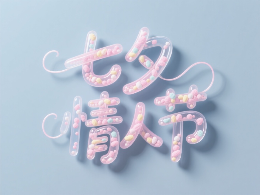 立体泡泡字体，字体:"七夕情人节"，3D立体字，软边缘，字体采用粉彩棉花糖材质表面覆水光膜，字体透明，字体里面填充跳跳糖颗粒，UE5渲染，完美细节，获奖作品，干净灰蓝色背景，字体在背景上有前浅浅的投影预览效果