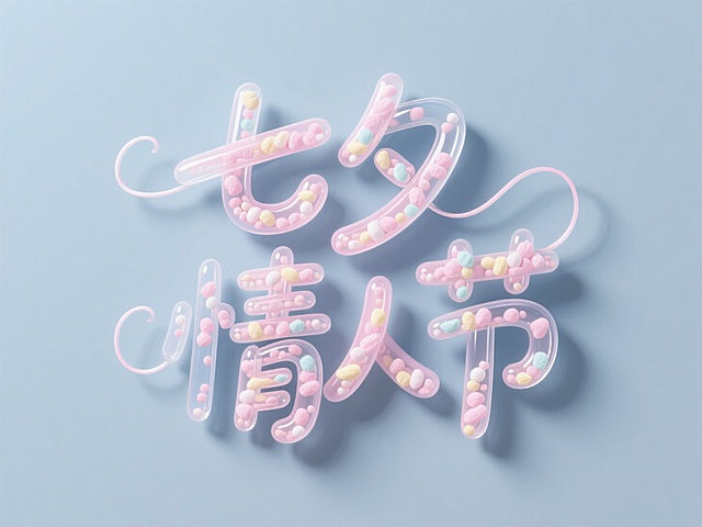 立体泡泡字体，字体:"七夕情人节"，3D立体字，软边缘，字体采用粉彩棉花糖材质表面覆水光膜，字体透明，字体里面填充跳跳糖颗粒，UE5渲染，完美细节，获奖作品，干净灰蓝色背景，字体在背景上有前浅浅的投影