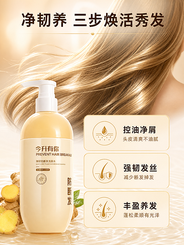 [主图-3] 功效实证展示，突出控油净屑、强韧发丝、丰盈养发三大功效的可视化效果。
[统一基调] 暖香槟米白主色调，柔和自然光，干净非衬线字体，深棕主标题字色，浅金强调色，圆角细线图标卡片，整体通透温润。
[画面] 画面采用上下分层构图。上半部分展示一束健康光泽的长发特写，发丝根根分明、蓬松有弹性，在光线下呈现自然金色光泽，发尾顺滑不毛躁。下半部分左侧放置产品瓶身，占画面约35%，正面视角。右侧排列三个圆角功效卡片，竖向排列，每个卡片配有对应图标和简短功效说明。背景为暖米色渐变，底部有水波纹质感。
[光影质感] 真实发丝摄影质感，发丝有自然高光和层次，蓬松感强，瓶身光影与场景融合自然，整体柔光温暖。
[配色] 暖香槟米白背景 + 金棕发丝 + 浅姜黄产品 + 深棕文字 + 浅金卡片边框，统一暖调。
[文字版式] 顶部大标题「净韧养 三步焕活秀发」。三个功效卡片分别为：「控油净屑 头皮清爽不油腻」「强韧发丝 减少断发掉发」「丰盈养发 蓬松柔顺有光泽」。卡片标题加粗深棕色，说明文字浅棕色小号。
[输出要求] 3:4竖版比例，发丝清晰有质感，文字可读，产品完整，无变形错字，无水印无平台Logo。