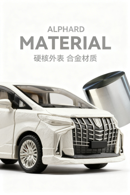 保持原图的所有文字内容"ALPHARD MATERIAL 硬核外表 合金材质"，以及白色埃尔法车头和金属圆柱主体，换成全新的简约摄影详情页风格，重新生成，保留所有文字内容和位置不变预览效果
