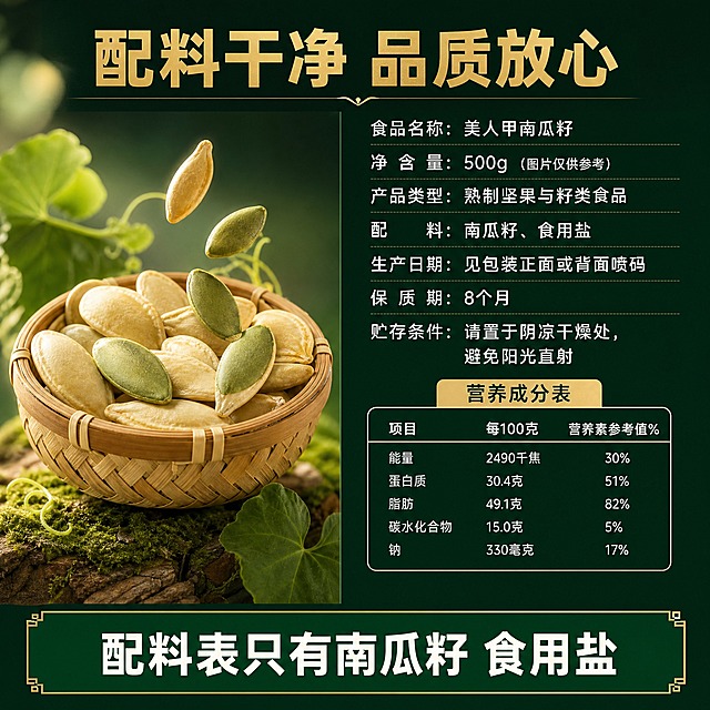 [主图-7] 产品参数与配料 配料干净 品质放心。
[统一基调] 京东品质稳重风，结合商品包装袋红+墨绿+金色的国风配色；主标题用粗黑体金色字，辅助文案用白色或深绿色，强调色为正红色；字体统一为现代黑体，层级分明；整体画面干净高级，文字占比小于30%，一图一重点。
[画面] 左右分栏布局，左侧约占45%：一个竹编小篮子里装满美人甲南瓜籽，几颗南瓜籽从上方飘落呈动态感，篮子放在带有苔藓的木头上，旁边有南瓜叶装饰；右侧约占55%：深绿色背景上的产品信息区，清晰展示食品名称、净含量、产品类型、配料、生产日期、保质期、贮存条件等参数信息，下方有营养成分表；整体信息清晰易读。
[光影质感] 左侧场景有自然柔光，竹篮和南瓜籽真实有质感；右侧信息区干净平整，文字清晰锐利。
[配色] 深墨绿背景+金色标题+白色文字+竹编原色+翠绿果仁，与包装袋配色统一。
[文字版式] 顶部主标题金色粗黑体"配料干净 品质放心"；右侧信息区文字为白色，标题用金色，营养成分表用白色线条分隔；底部深绿色条带白色大字"配料表只有南瓜籽 食用盐"；文字清晰不拥挤。
[输出要求] 1:1正方形，2K分辨率，参数文字清晰可读，产品真实；禁止错字、模糊、杂乱、水印、京东Logo、虚假参数。