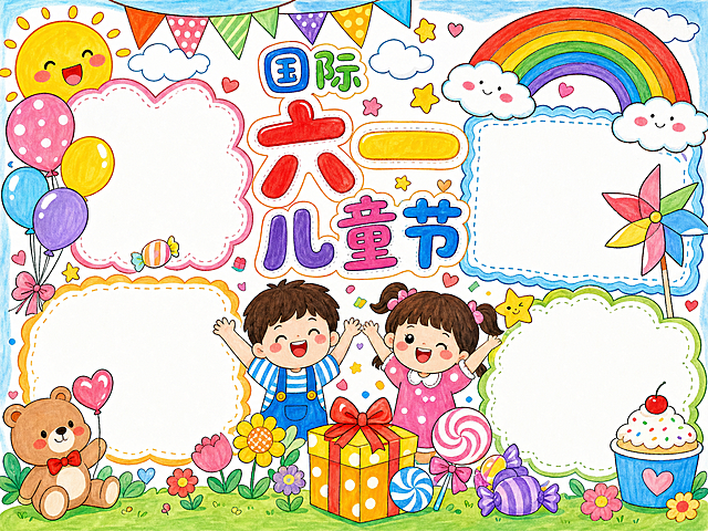 六一儿童节手抄报，马克笔手绘风格，A4横版排版，包含儿童节主题插画，预留文字抄写区域，色彩鲜艳活泼，充满童趣