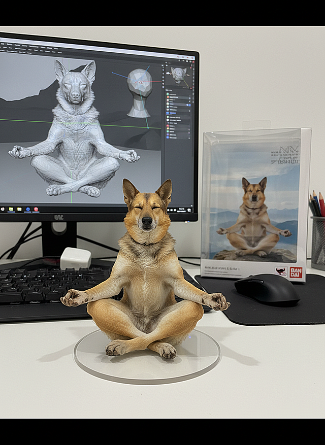 将这个图片制作成一个商业化1/7比例手办，风格写实，环境逼真。手办放置在电脑桌上，配有一个圆形透明亚克力底座，底座上没有文字。电脑屏幕上显示着手办的Zbrush建模过程，模型为白模。电脑屏幕旁边是一个万代风格的透明玩具盒，上面印有原始画作。