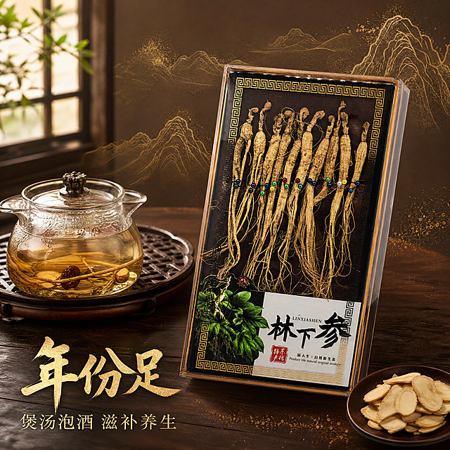 [主图-3] 林下参食用场景主图。
[氛围风格] 复古大气国风，温馨养生场景，深棕色配金色水墨山脉线条撒金质感，自然生活氛围感；
[画质] 商业场景摄影质感，光线柔和自然，产品清晰真实，保持林下参礼盒外观与输入产品一致，杜绝变形色差。商品主体占比约65%，画面满屏无边框。
[元素] 深色实木茶桌场景，林下参礼盒斜放在桌面，旁边搭配玻璃炖盅和干净切片参片，远处背景虚化，融入淡淡的金色水墨长白山脉线条，桌面点缀浅金闪粉装饰，营造高端养生滋补场景。
[光影] 窗边自然柔光，整体氛围温暖通透，产品和场景光影统一，自然不生硬。
[配色] 深棕实木桌面+深棕色背景，金色水墨线条点缀，整体复古沉稳，大气高级。
[视角构图] 45度斜侧平视，前中后景分层，景深自然，礼盒清晰突出。
[文字版式] 左下负空间左对齐，大字主文案写"年份足"，金色书法粗体，下方小字辅助文案写"煲汤泡酒 滋补养生"，金色细体，不遮挡礼盒主体。
[比例分辨率] 1:1 比例，4k 分辨率，文字清晰锐利，超高清。
[负向提示词] 变形，水印，文字错乱，产品模糊，背景杂乱，文字遮挡产品主体