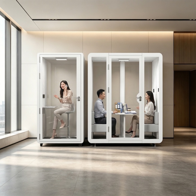 在保持现有两个隔音舱产品不变的基础上进行编辑：给左边单人工位隔音舱里添加一位中国美女坐在凳子上打电话；给右边双人工位隔音舱里添加两个中国同事面对面坐在座位上谈话，桌子上放置一些工作文件，所有人脸上都带预览效果