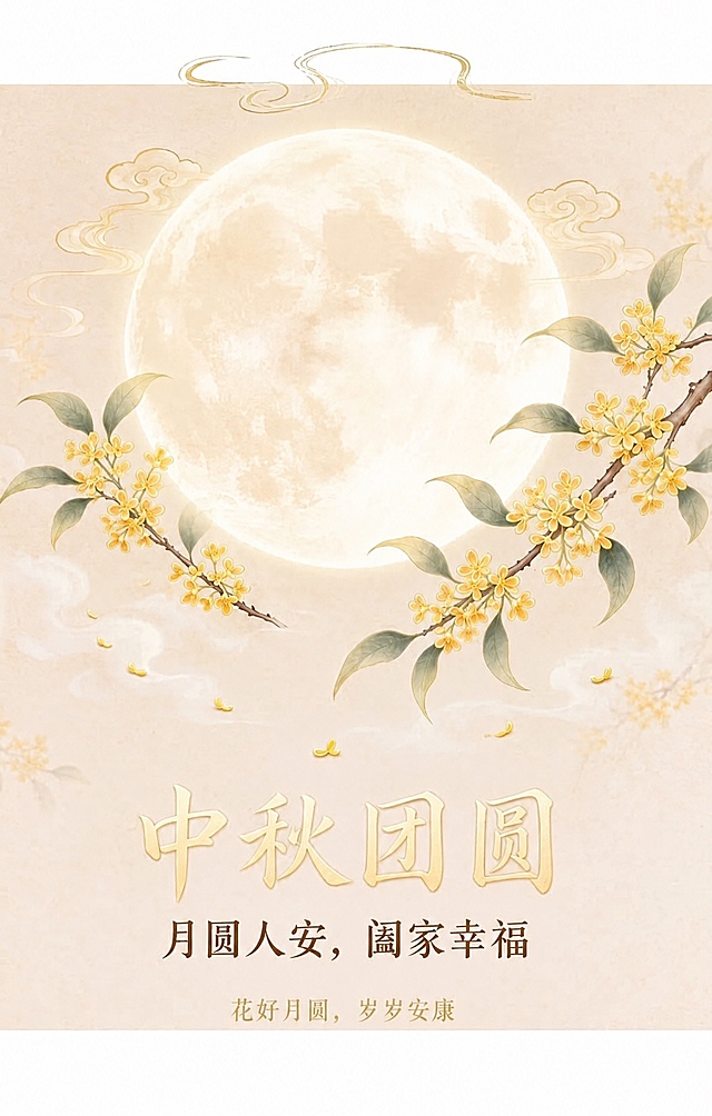 去除图片顶部的"WDDeng"文字和旁边的红色印章，保持背景的祥云纹理和整体画面风格完全一致，其余画面元素（月亮、桂花枝、中秋团圆文字等）保持不变