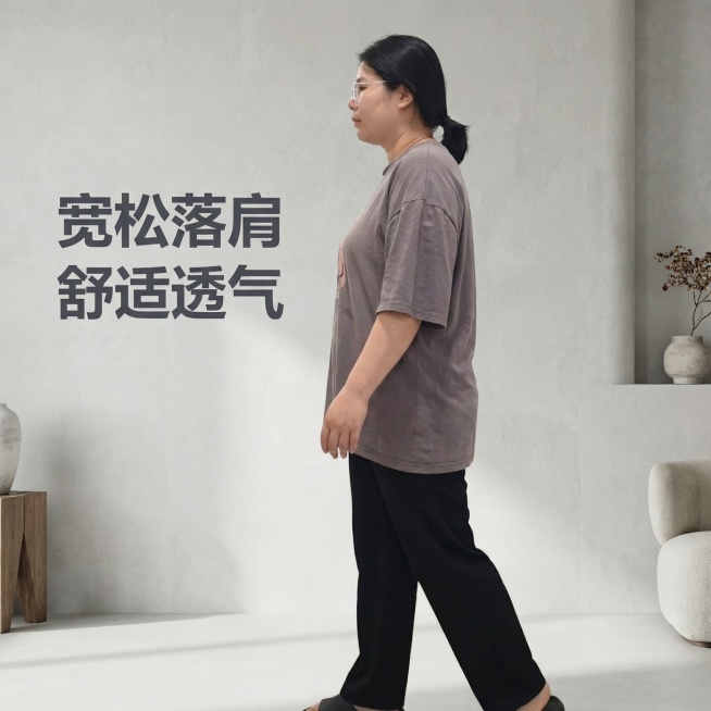 [主图主题] 女士宽松短袖T恤 版型展示
[氛围/风格] 韩式慵懒休闲风，生活化松弛感，柔和自然光影
[画面元素] 亚洲女性模特（与原图一致）身着灰色宽松短袖T恤，侧身45度自然走动，展示T恤宽松落肩预览效果