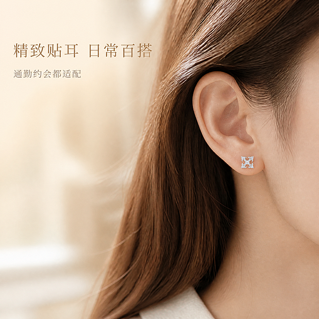 [主图-3] S925银四叶草锆石耳钉 耳侧佩戴效果展示。
[统一基调] 精致高级珠宝摄影风格，浅香槟米色柔焦背景，整体暖调柔光，字体用纤细优雅的衬线体，标题字色为深香槟金，辅助字色为浅灰棕色，无厚重色块，画面干净克制。
[画面] 女性右耳侧局部特写，佩戴一对S925银四叶草锆石耳钉，保持耳钉十字花造型、五颗锆石、银色外观与原图完全一致。模特为东亚女性，肤色白皙，耳朵轮廓清晰，发型为浅棕色长发向后梳理，仅露出耳周部分。耳钉位于耳垂中央位置，角度为侧面微偏正面，展示佩戴后的真实大小比例和贴耳效果。背景为虚化的浅香槟米色室内环境，有柔和的自然光感。主体（耳朵+耳钉）占画面约50%。
[光影质感] 人像珠宝结合摄影质感，柔和自然光从侧前方打来，耳钉金属和锆石有自然反光，皮肤质感细腻通透，背景虚化自然，耳钉清晰锐利。
[配色] 背景浅香槟米色虚化，肤色自然白皙，发色浅棕，耳钉银色白闪，字色深香槟金+浅灰棕。
[文字版式] 画面左上角放置两行文字，深香槟金衬线体中号字"精致贴耳 日常百搭"，下方浅灰棕小号字"通勤约会都适配"。文字不遮挡耳朵和耳钉。
[输出要求] 比例1:1，2048x2048，耳钉佩戴位置准确自然，无穿模悬浮，产品清晰，人物耳部正常无畸形，文字清晰，无水印无平台Logo。
