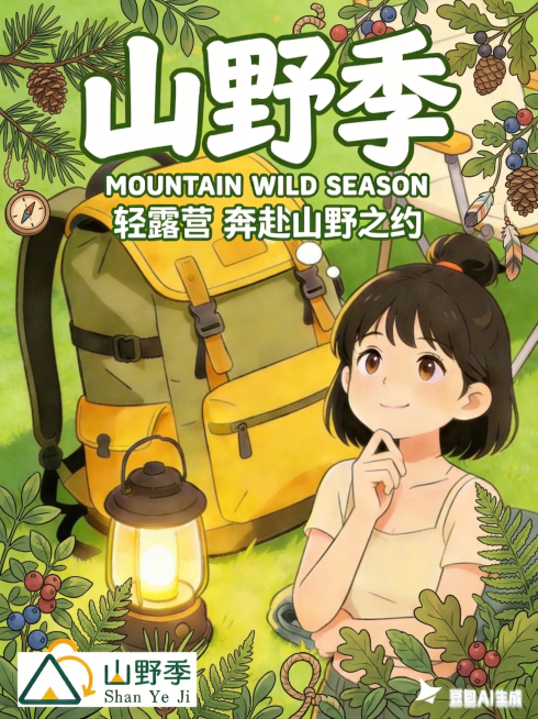 参考第二张图的装饰风格，在保留这张山野季海报原有的绿色背景、所有文字内容和字体的基础上，给画面四周增加露营相关的植物枝叶、松果等装饰元素，丰富画面，保持原来的插画风格不变，不要修改原有内容预览效果