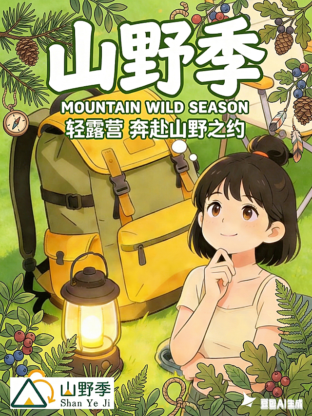 参考第二张图的装饰风格，在保留这张山野季海报原有的绿色背景、所有文字内容和字体的基础上，给画面四周增加露营相关的植物枝叶、松果等装饰元素，丰富画面，保持原来的插画风格不变，不要修改原有内容