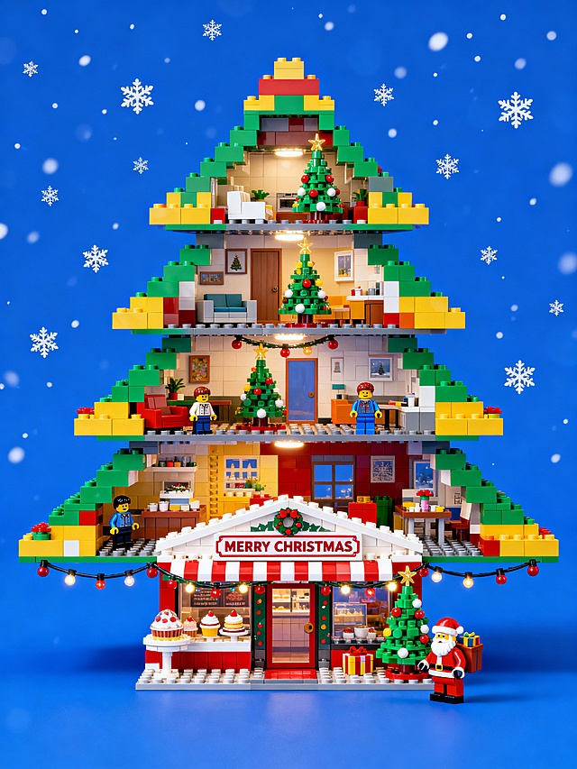 乐高圣诞树楼房剖面，底层是温馨甜品店，上层为节日家居场景，圣诞装饰点缀其中。建筑轮廓逐层收拢如圣诞树，在雪花背景下透出童趣与温馨节日氛围。