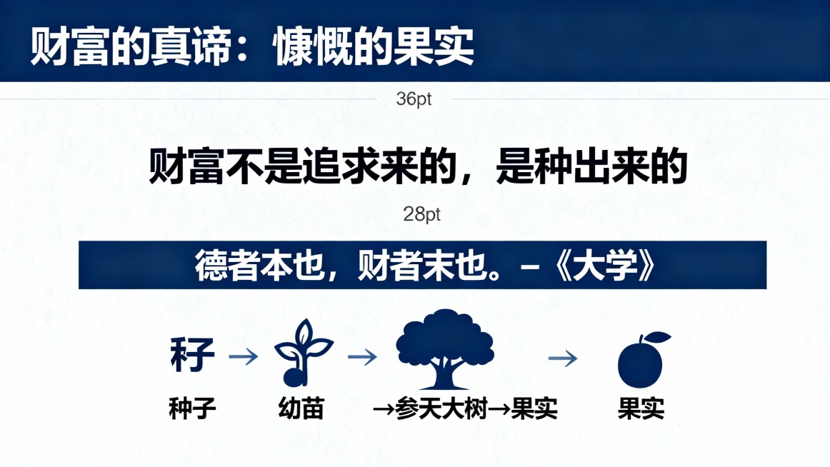 PPT文稿

第1页：封面页

标题：财富与债务真相：种子法则深度解析

副标题：探寻丰盛人生的根本法则

备注：可选用一棵破土而出的幼苗或广阔田野的图片作为背景，象征播种与希望。

第2页：目录/议预览效果
