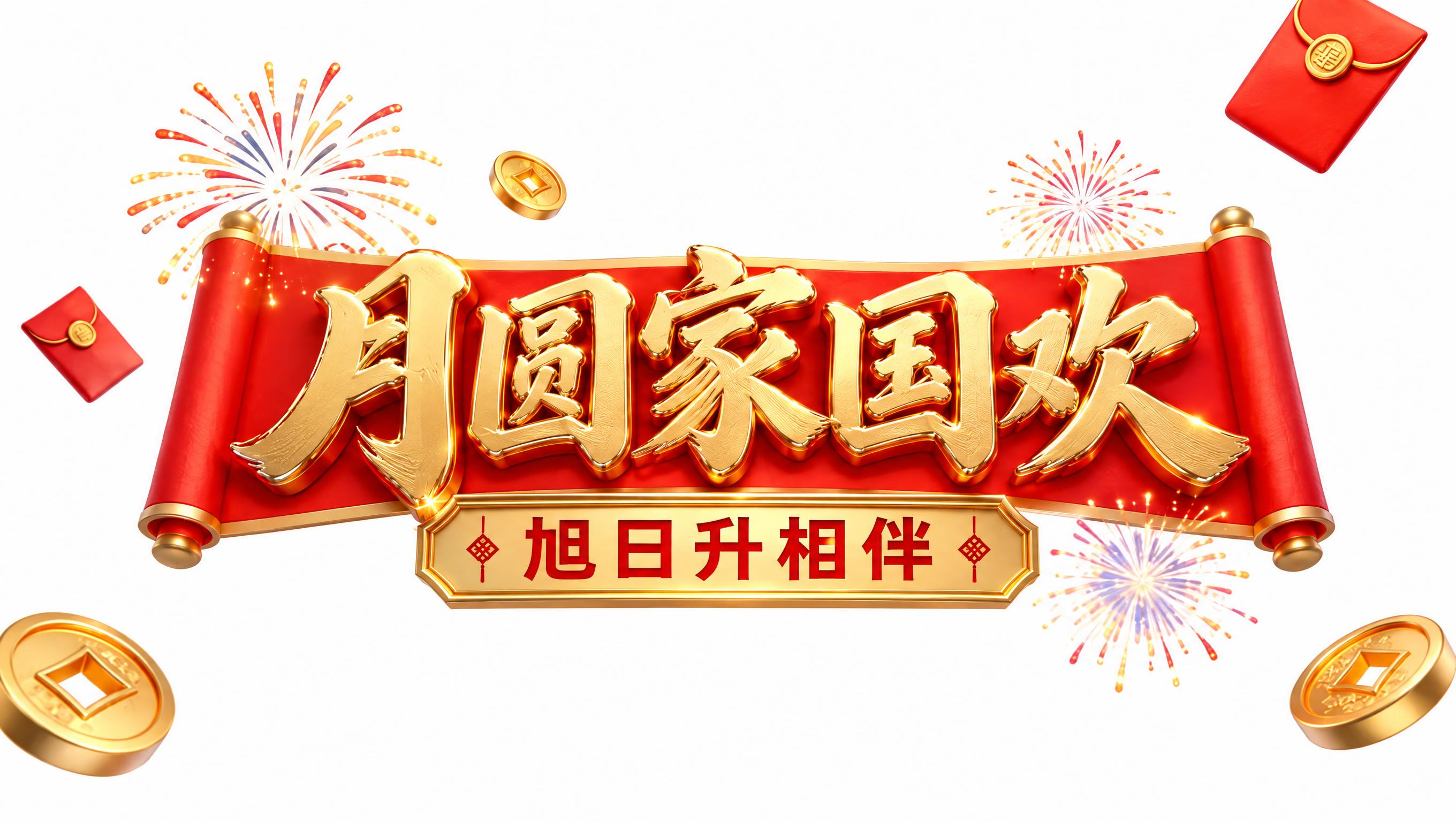 参考图中的红金卷轴立体字风格，将主标题文字替换为“月圆家国欢”… - 图片创意预览