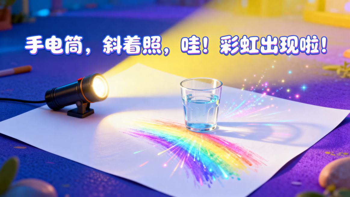 中班幼儿科学微课PPT内页，第6页彩虹步骤3-4，卡通梦幻风格，皮克斯风格，明亮色彩，主色调蓝紫黄渐变，幼儿视角。手电筒斜射水杯，有光线弯曲特效，白纸上七彩光谱绽放，大字儿歌"手电筒，斜着照，哇！彩虹预览效果