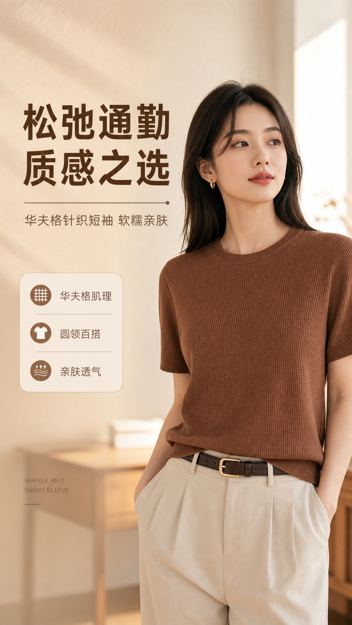 [商品] 使用【图1】焦糖棕华夫格针织圆领短袖T恤；商品处理：… - 图片创意预览