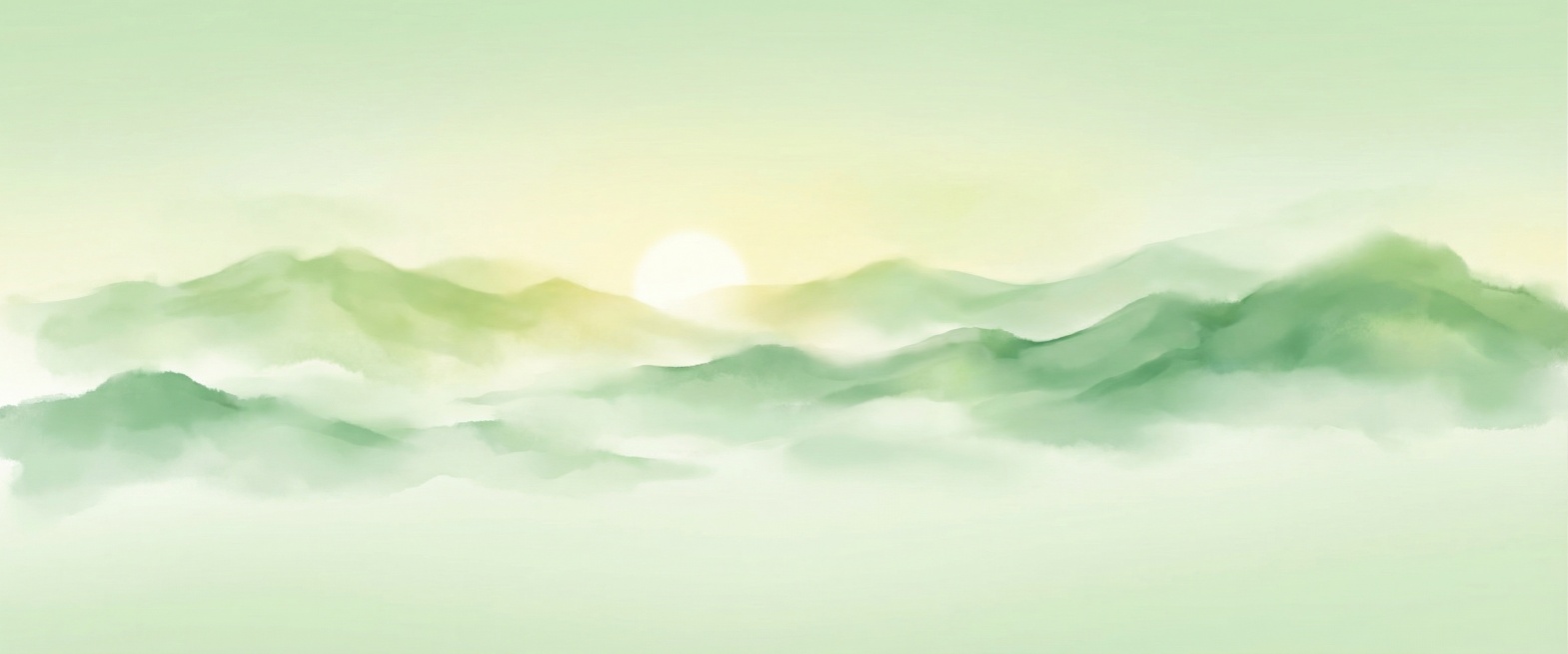 参考原图风格，生成绿色调包装背景图，简洁风格，元素干净不杂乱，适配果酸产品，采用晕染渐变的远山日出氛围预览效果