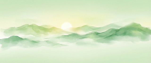 水墨风插画，朦胧山影与晨雾交融，柔和的水彩渐变营造静谧清新之感，日出东方，尽显舒适与诗意。