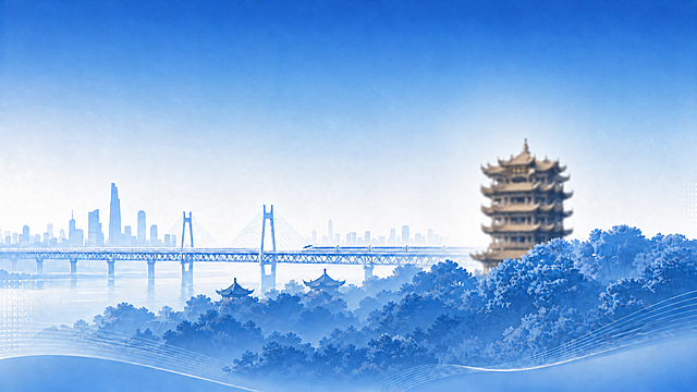 将黄鹤楼缩小尺寸，并对黄鹤楼做虚化处理，保留其他元素和整体蓝色简约商务风格不变
