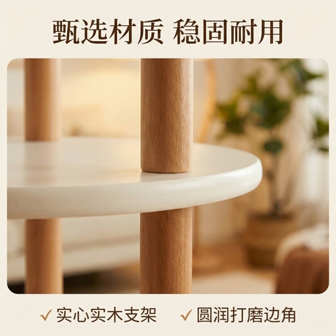 [主图 3] 圆形置物架材质细节展示
[氛围/风格] 温馨舒适家居治愈风，保持和前两张一致的光影与色调
[画面元素] 放大展示置物架的木质支架和层板边缘细节，保留原产品的材质和颜色，背景为虚化的客厅场预览效果