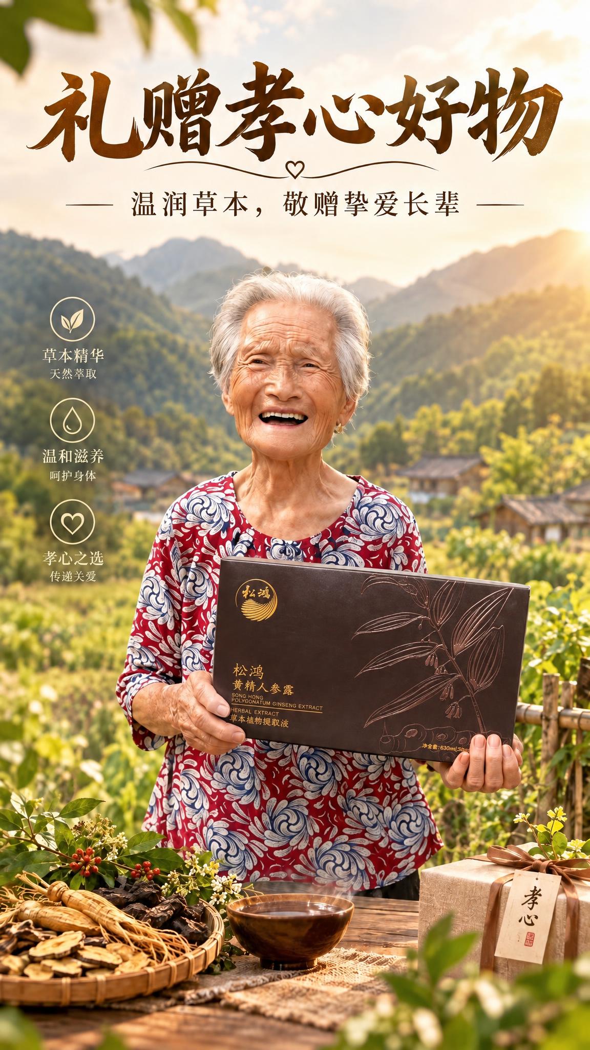 将图1中老奶奶手中的松鸿黄精人参露礼盒替换为图2中的产品包装盒… - 图片创意预览
