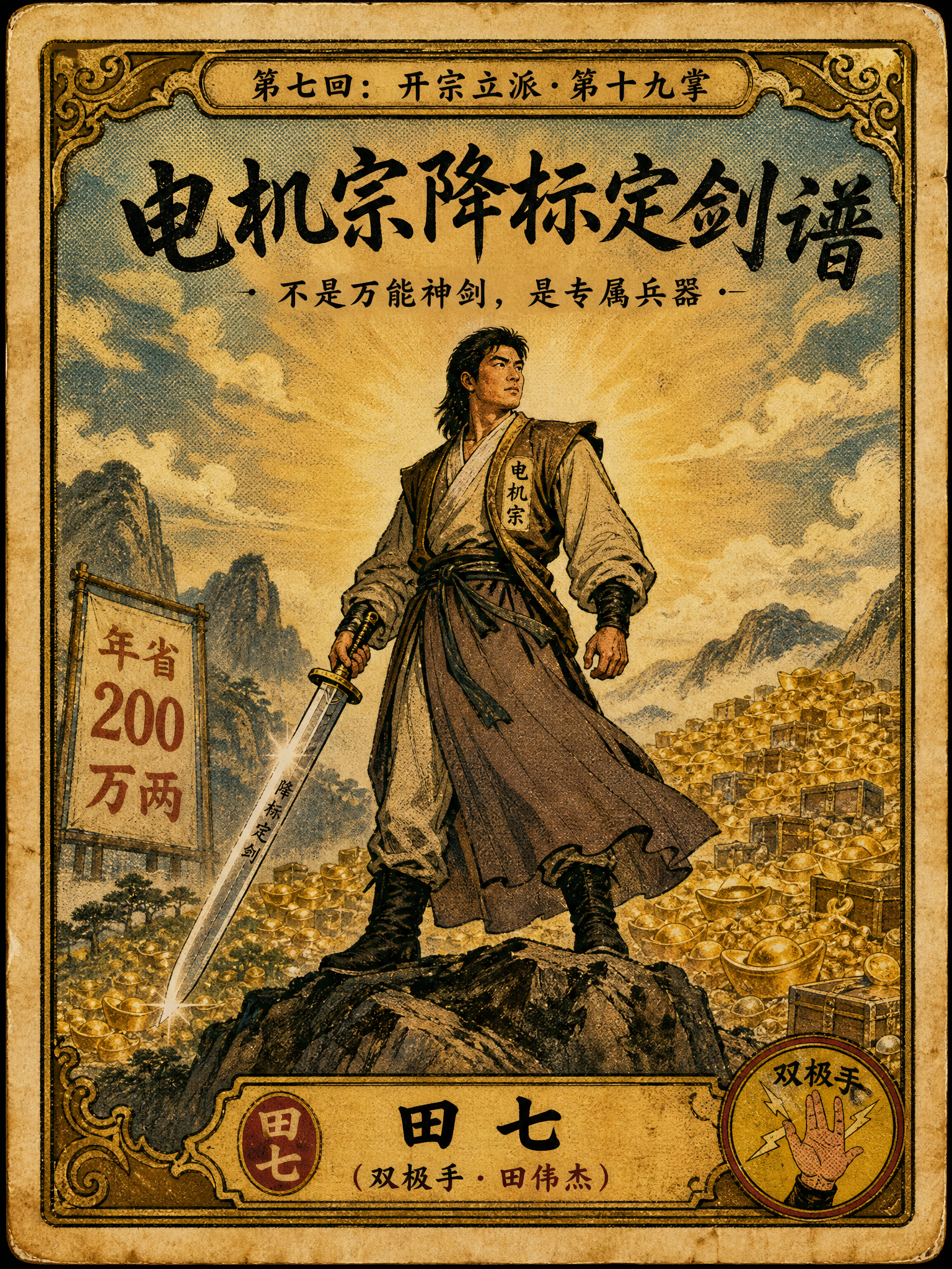 生成第7张复古干脆面风格武侠人物卡，主题「电机宗·降标定剑谱… - 图片创意预览
