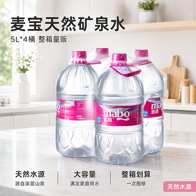 [主图-1] 家庭场景首图展示麦宝天然矿泉水5L*4桶整包。[氛围风格] 明亮通透干净清爽的家居氛围，天然健康。[画质] 商业摄影质感，光线柔和通透，产品清晰真实，画面干净高级。[元素] 麦宝天然矿泉水5L*4桶整提装居中摆放，放置在整洁的浅色厨房台面上，左侧留出负空间放置文案。保持产品外观、物理结构、材质质感、粉色标签颜色与输入产品图绝对一致，杜绝任何变形和色差，精细化处理。商品主体占比严格控制在70%左右，画面满屏无边框。[光影] 明亮的侧窗自然光作为主光，柔和均匀，瓶身通透有光泽，折射出清透感，浅背景反射做辅光，整体通透明亮，高光不溢，暗部有层次，无杂乱阴影。[配色] 主色调为纯净白色背景，搭配产品本身的粉色标签与透明瓶身，清爽干净，简洁高级。[视角构图] 正面平视，产品居中为视觉中心，景深适中，轮廓完整不裁切。[文字版式] 左上角负空间左对齐留安全边距，大字主文案写“麦宝天然矿泉水”，深灰色最大粗体无衬线，下方小字写“5L*4桶 整箱量贩”，约一半大小。右下角浅粉色小标签写“天然水源”白字。底部三个安全区均分三列，每列上短句下说明：第一列「天然水源」「源自深层山泉」第二列「大容量」「满足家庭用水」第三列「整箱划算」「一次囤够」，深色文字，背景干净无遮挡，对比清晰。[比例分辨率] 1:1比例，4K分辨率，文字清晰可辨，超高清。[负向提示词] 变形，水印，文字错乱，产品图模糊，背景杂乱，文字遮挡主体。