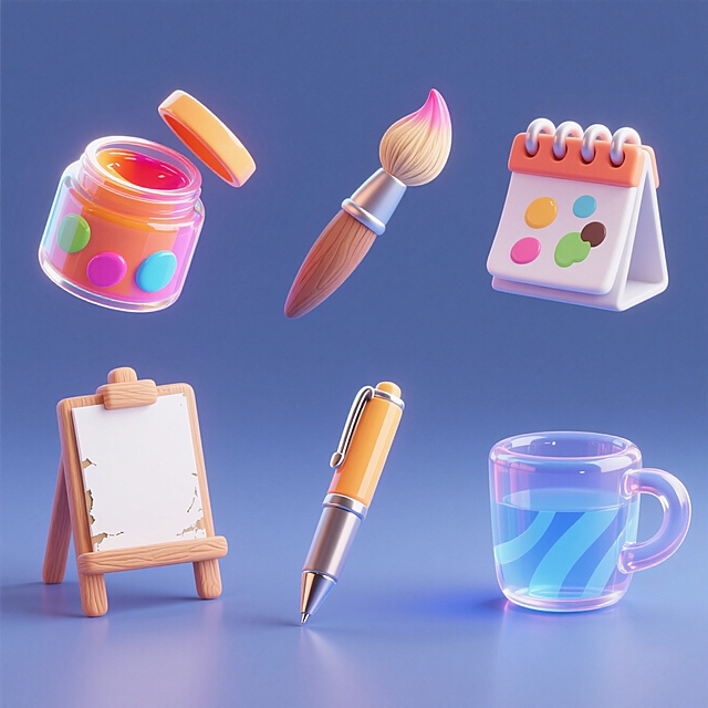 6个Q版图标（元素独立区域）：颜料、画笔、画板、钢笔、台历、水杯