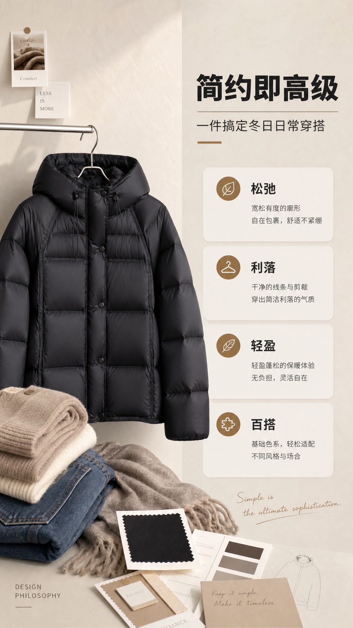 [商品] 使用【图1】黑色连帽短款羽绒服；商品处理：保留连帽抽… - 图片创意预览