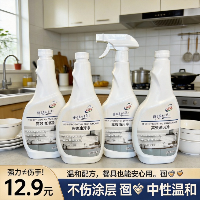 生成10张不同场景的油污净电商主图，价格“12.9元”，比例1:1，强力≠伤手！温和配方，餐具也能安心用。🛡️ 不伤涂层 🛡️ 中性温和预览效果