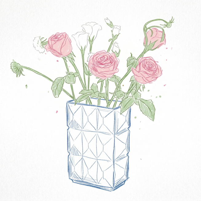 参考图中的粉色玫瑰花插花，将其转换为手绘涂鸦简笔插画风格，粉色线条潦草随性，带有明显笔触感，造型稚拙可爱，偏向儿童涂鸦手账插画的治愈风格，充满原生感。背景为纯白色，粉色花瓣轮廓和花蕊，绿色茎叶，蓝色花预览效果