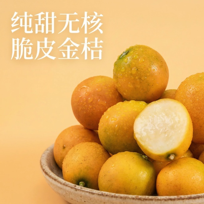 电商详情页首屏，展示新鲜脆皮金桔，整体是高端水果宣传画报风格，商业高调摄影，柔和的漫射光，整体低对比度，画面明亮干净通透，使用暖黄色莫兰迪纯色背景，脆皮金桔堆放在复古粗陶碗中，果实表面带有晶莹水珠，切预览效果