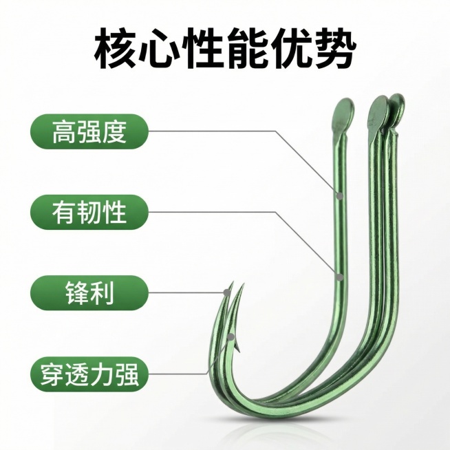 [主图 2] 核心卖点展示图
[氛围/风格] 简约醒目，工业硬核质感，高对比光影
[画面元素] 竞技狼牙鱼钩主体位于画面中心，保持原产品外观，围绕鱼钩用引线标注四大核心卖点，每个卖点对应鱼钩不同部位，预览效果