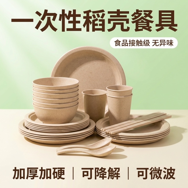 一次性稻壳餐具首图，清新自然风格，背景为明亮通透的浅绿+米白渐变亮眼背景，产品居中摆放，包含碗、杯、盘、勺、筷齐全，整体光线明亮清透。文字版式：顶部超大加粗无衬线字体主标题“一次性稻壳餐具”，右上角悬预览效果